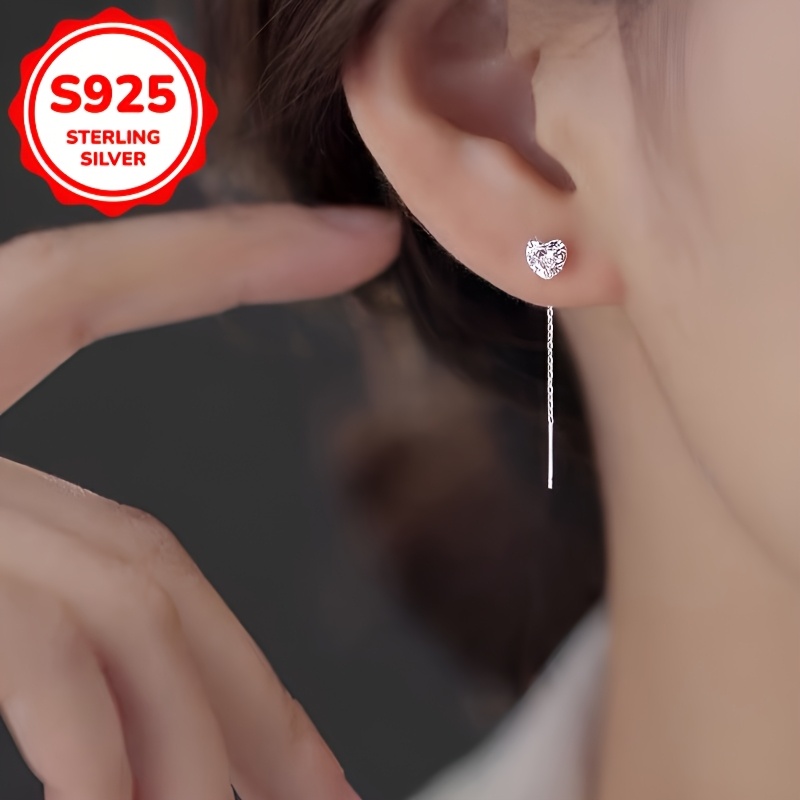 Women's S925 Silver Heart-Shaped Zirconia Tassel Pendant Earrings